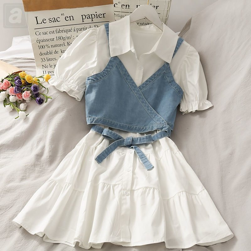 白色/連衣裙+藍色/背心