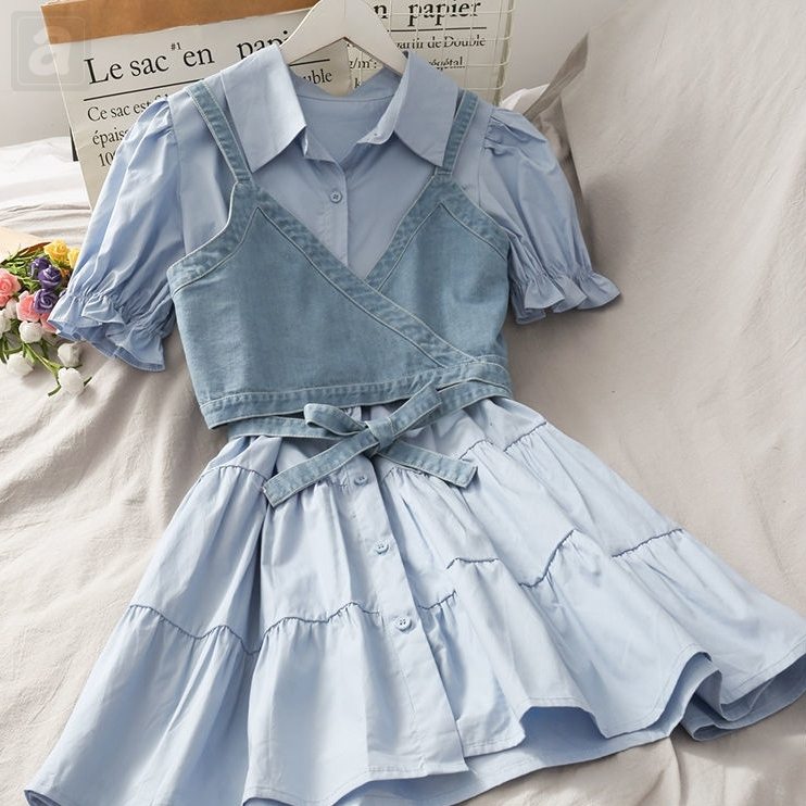 淡藍色/連衣裙+藍色/背心