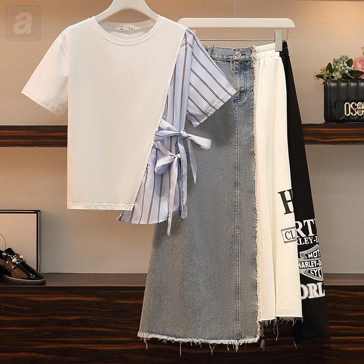 白色/體恤+灰色/半身裙類