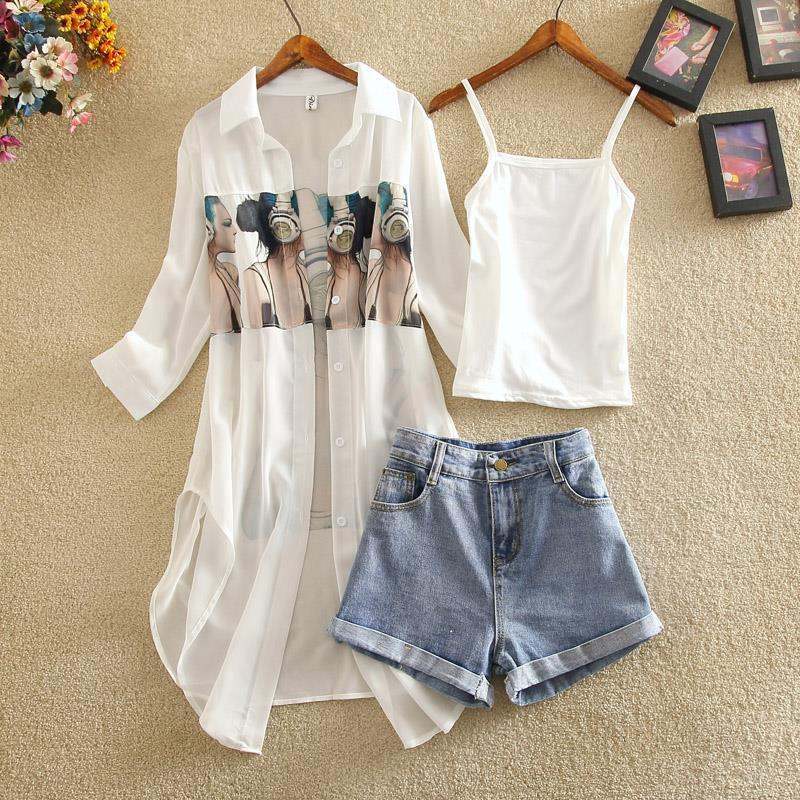 白色/襯衫+白色/吊帶+藍色/短褲