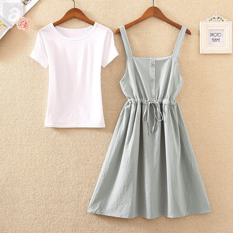 白色/T恤+綠色01/連衣裙