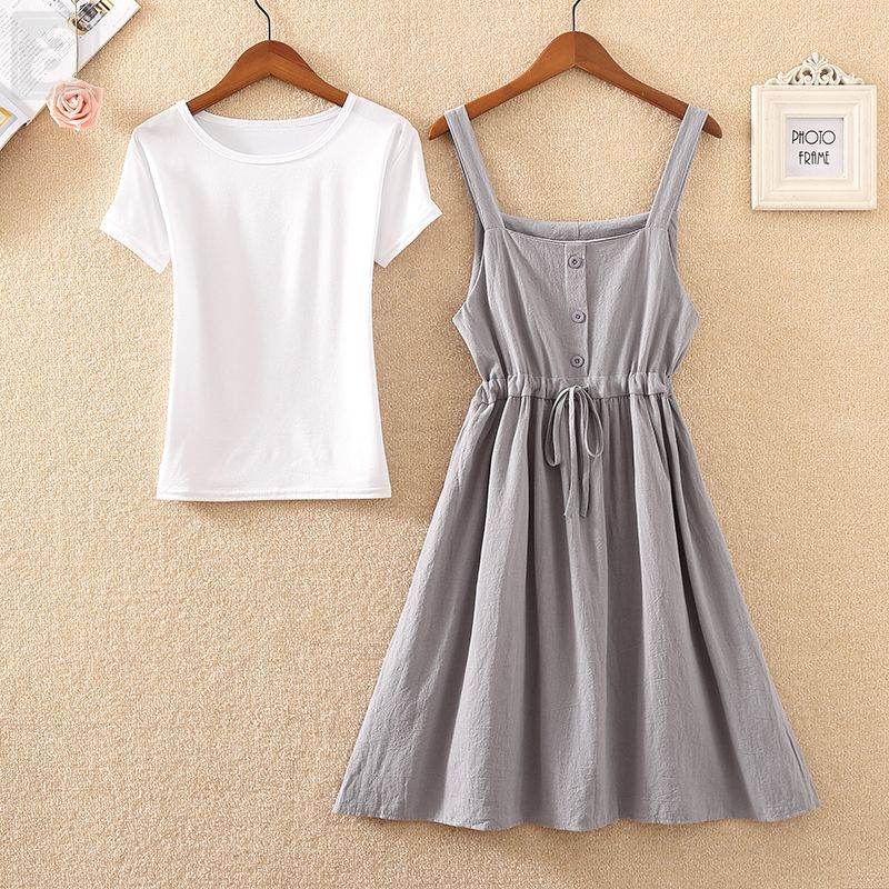 白色/T恤+藍色01/連衣裙