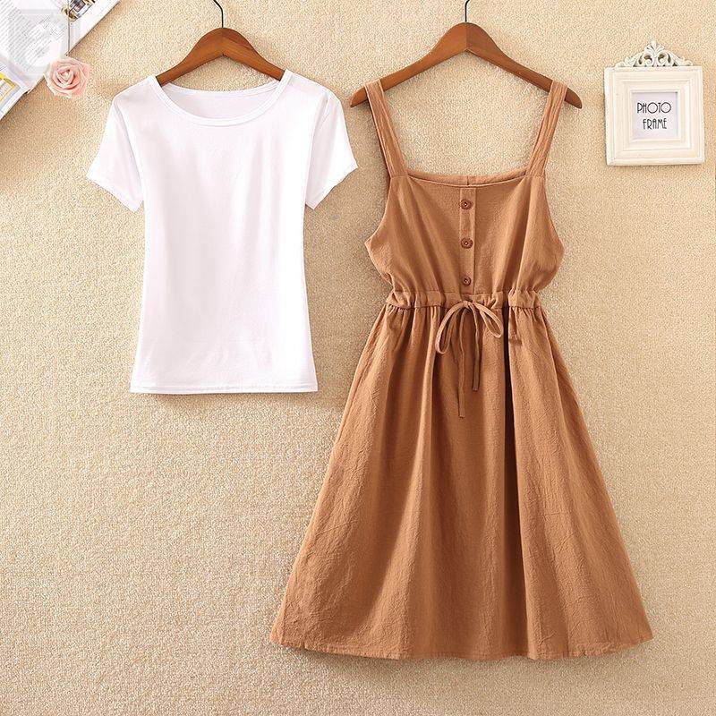 白色/T恤+棕色01/連衣裙