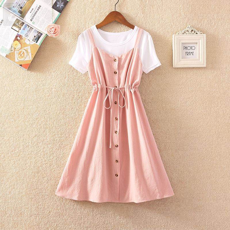 白色/T恤+粉色02/連衣裙