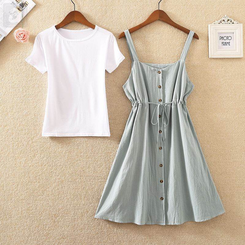 白色/T恤+綠色02/連衣裙
