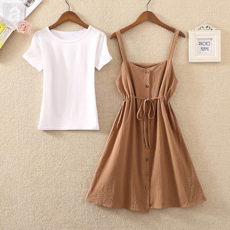 白色/T恤+棕色02/連衣裙
