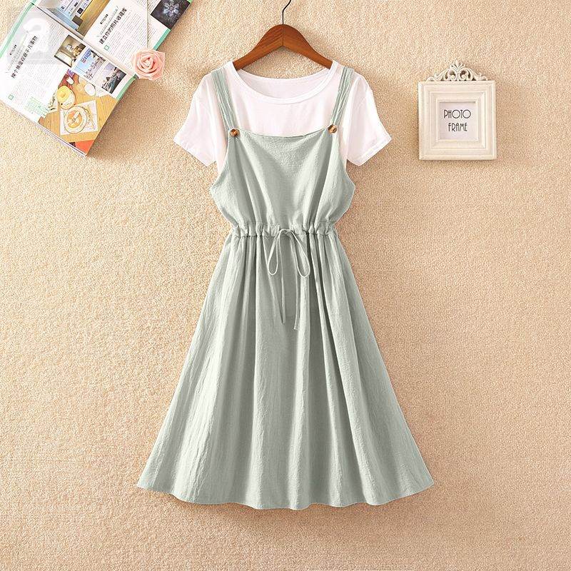 白色/T恤+綠色03/連衣裙