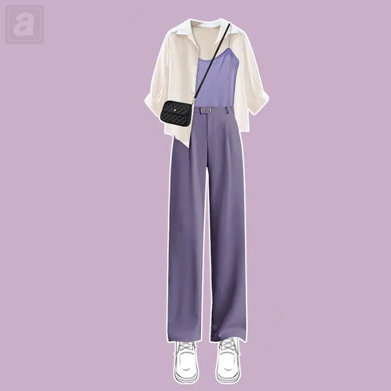 紫色/背心+白色/襯衫+紫色/長褲