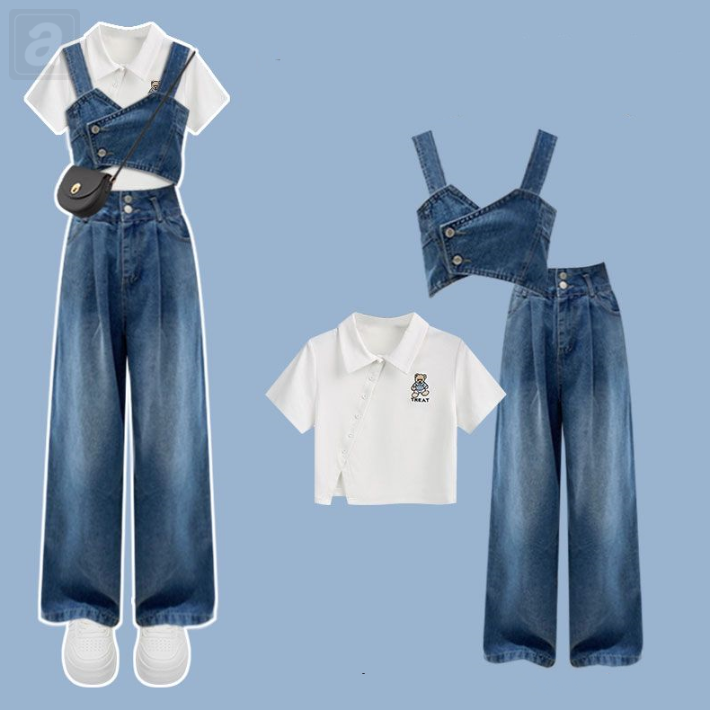 白色/單排扣/T恤+藍色/吊帶+藍色/褲子