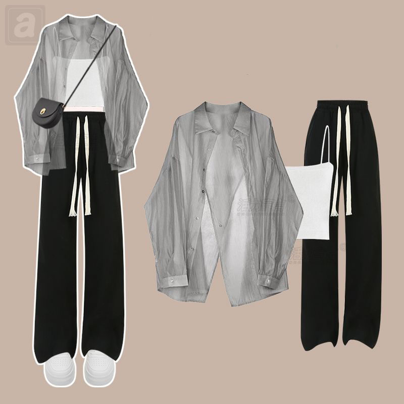 灰色襯衫+白色吊帶+黑色長褲/三件套