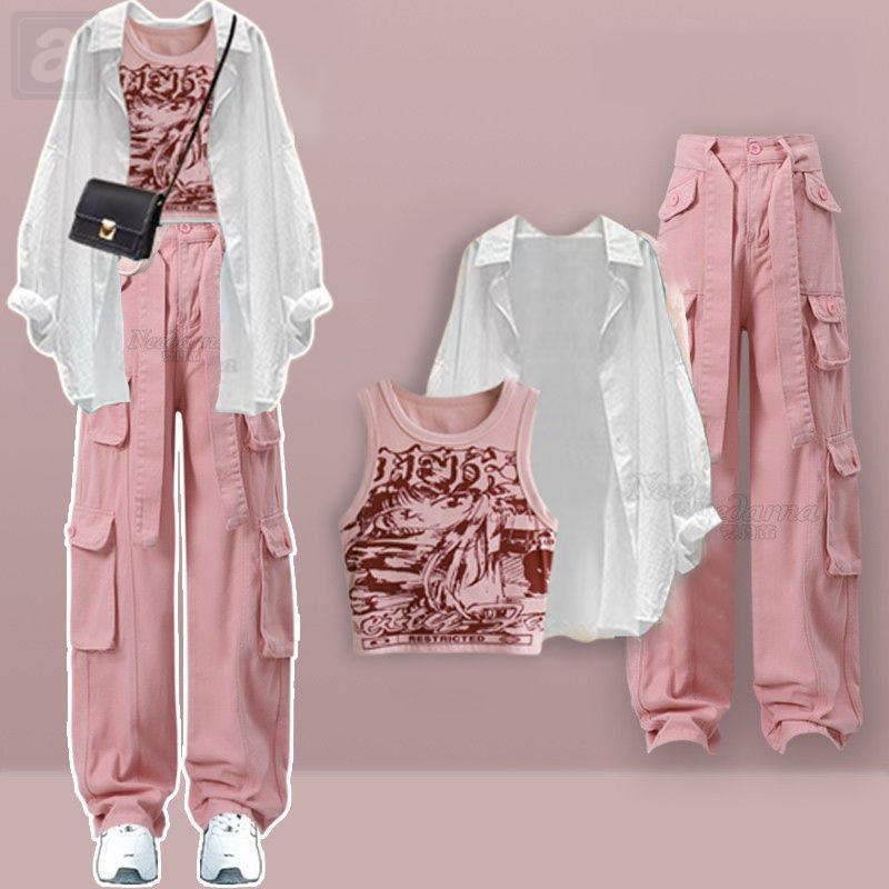 粉色/背心+白色/襯衫+粉色/工裝褲