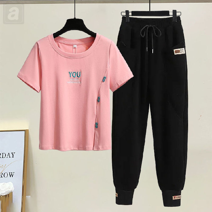 粉色/T恤+黑色/休閒褲