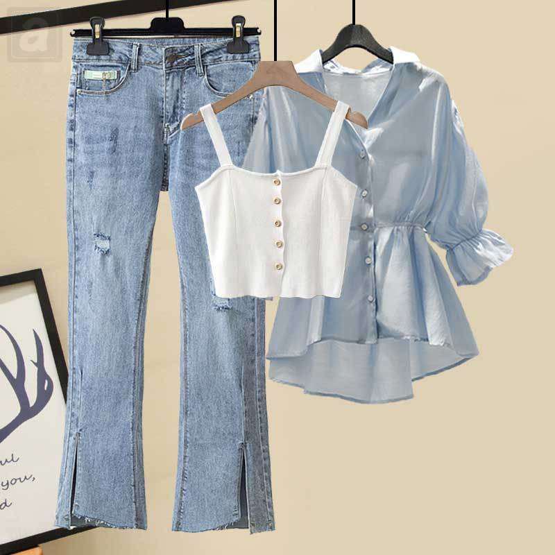 藍色/襯衫+白色/吊帶+藍色/牛仔褲