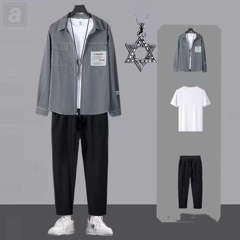 灰色/襯衫+白色/T恤+黑色/休閒褲