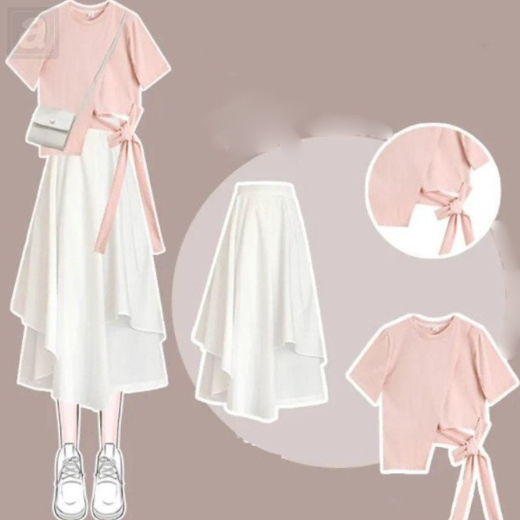粉色T恤+白色裙子/套裝