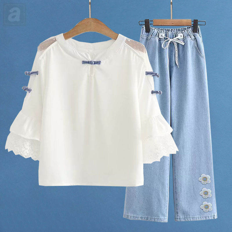 白色/襯衫+藍色/寬褲