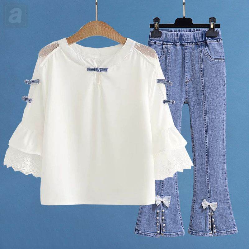 白色/襯衫+藍色/喇叭褲