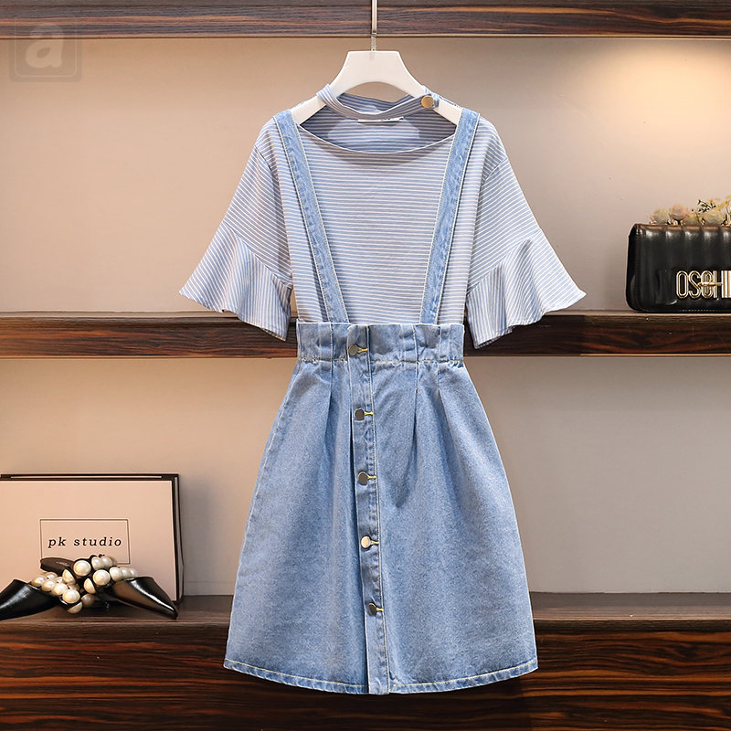 條紋/T恤+藍色/吊帶裙