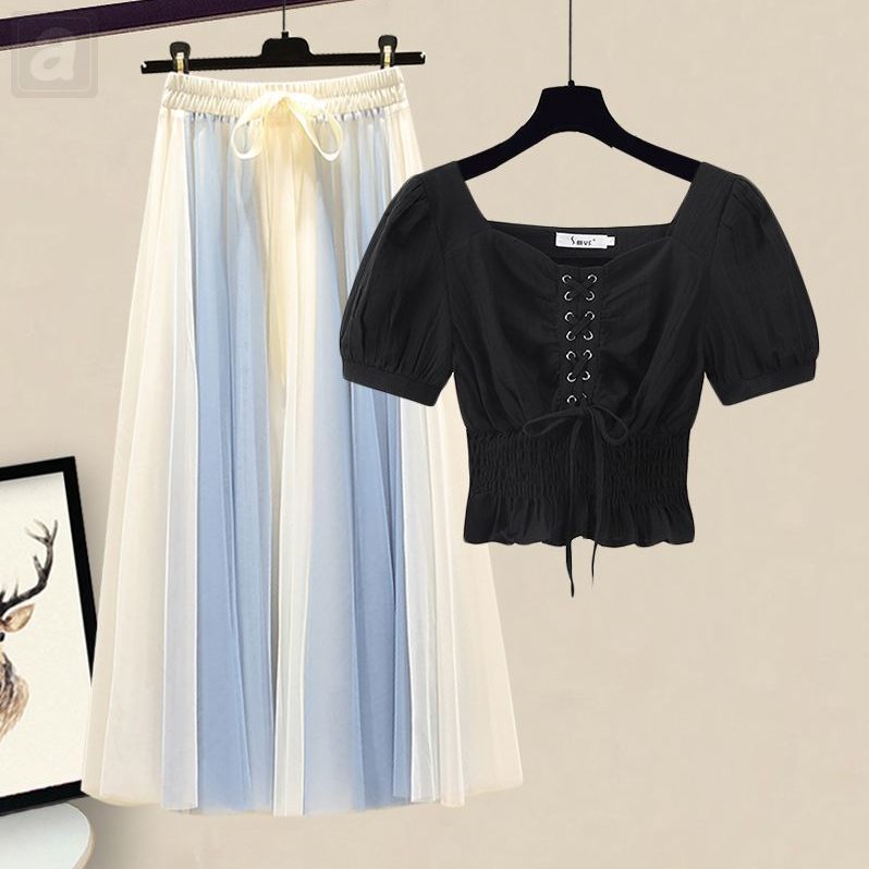 黑色/雪紡+藍色/半身裙類