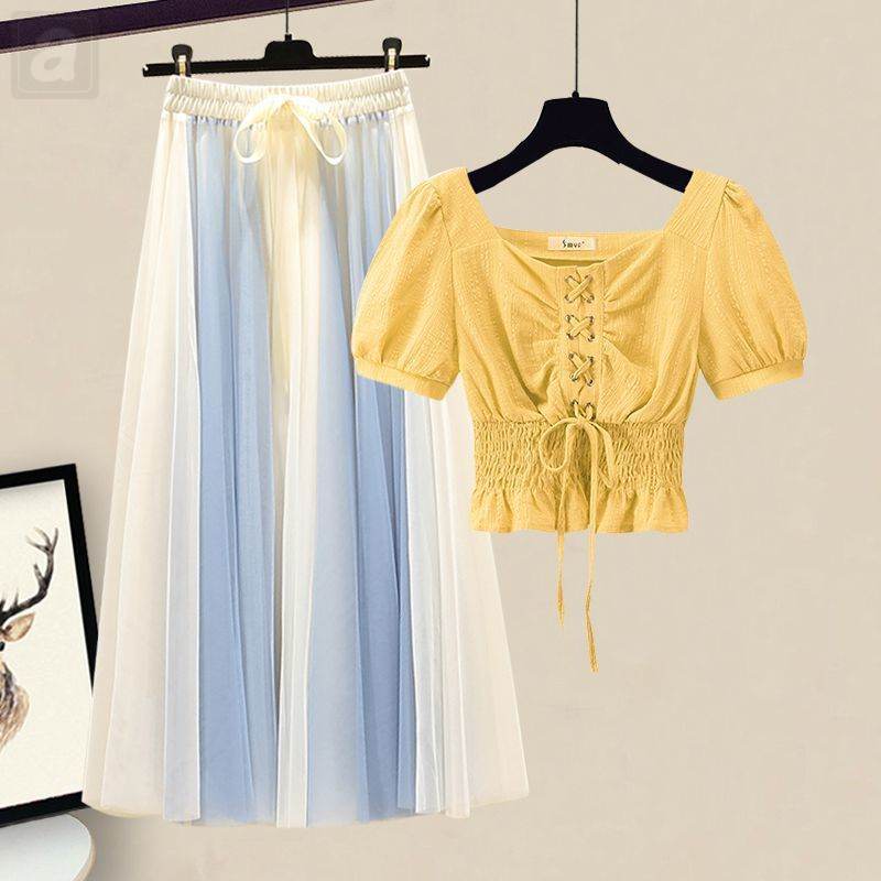 黃色/雪紡+藍色/半身裙類