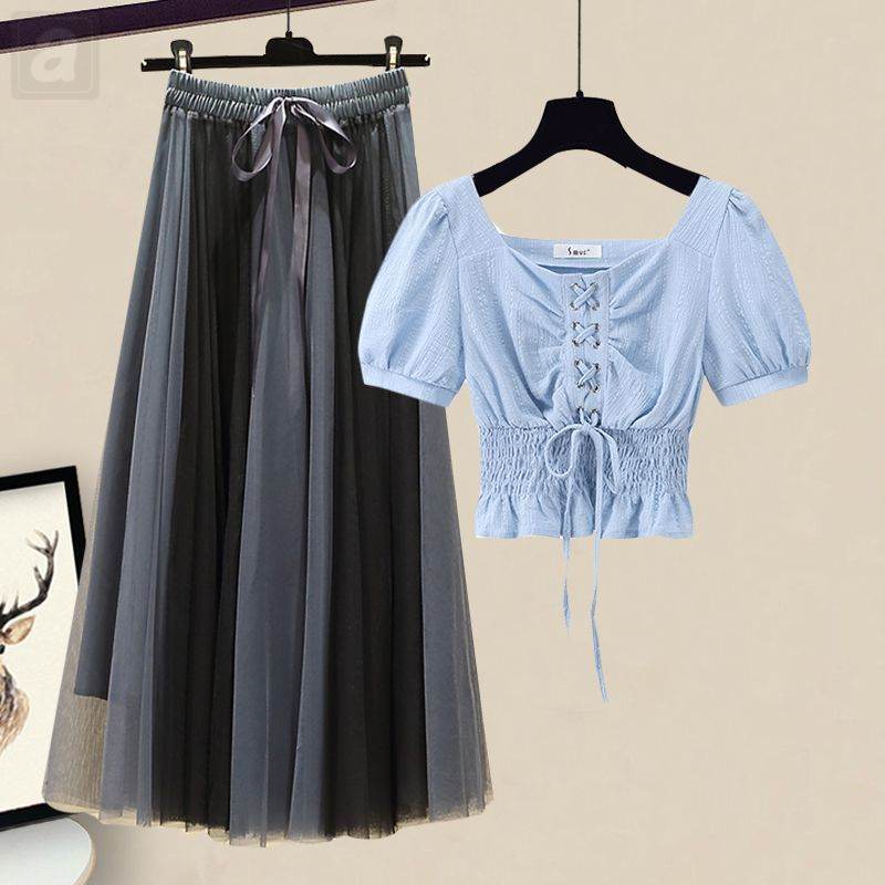 藍色/雪紡+黑色/半身裙類