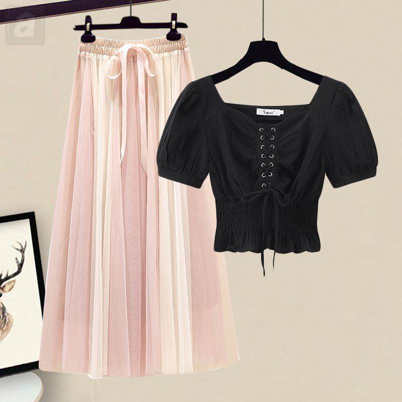 黑色/雪紡+粉色/半身裙類