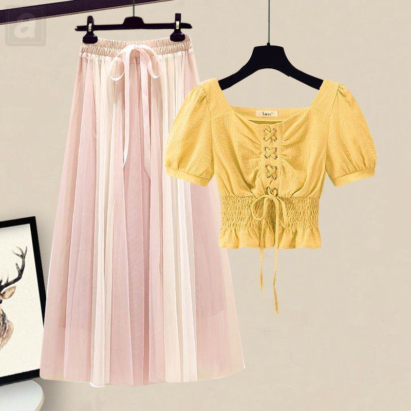 黃色/雪紡+粉色/半身裙類