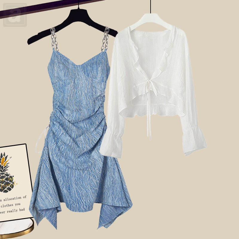 藍色/洋裝+白色/開衫