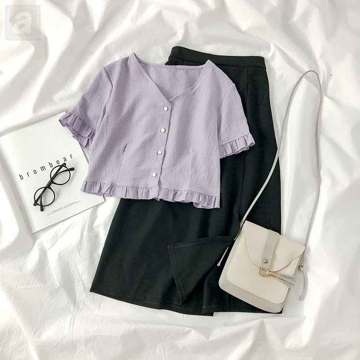 紫色/上衣+黑色/半身裙