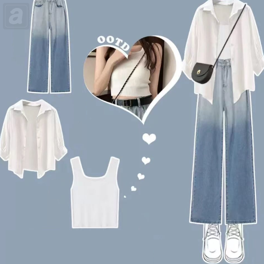 白色/襯衫+白色/背心+藍色（漸變色）/牛仔褲