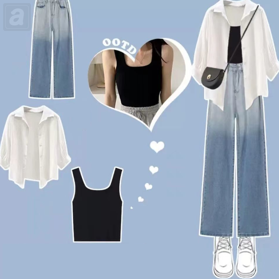 白色/襯衫+黑色/背心+藍色（漸變色）/牛仔褲