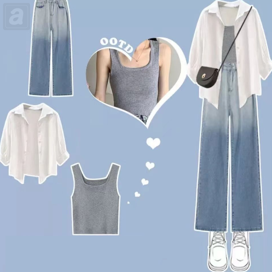 白色/襯衫+灰色/背心+藍色（漸變色）/牛仔褲
