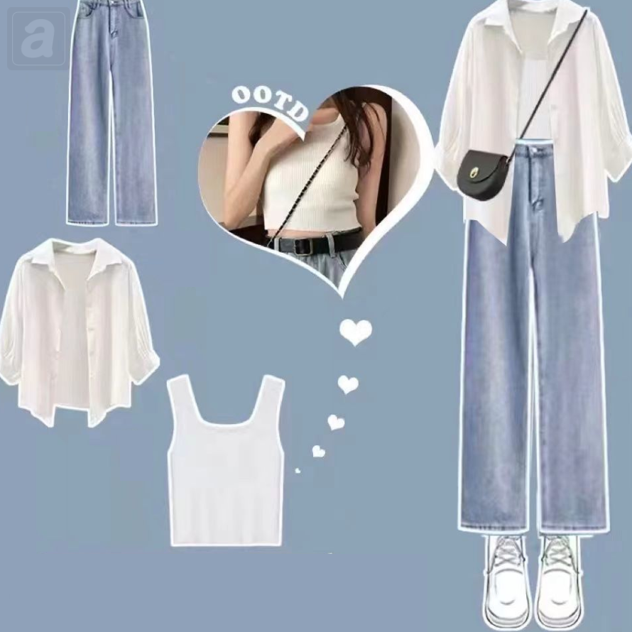 白色/襯衫+白色/背心+藍色（素面）/牛仔褲