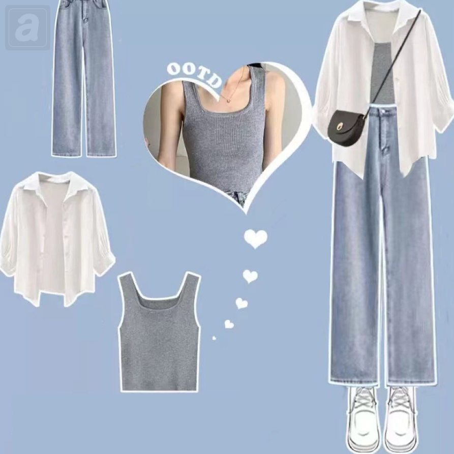 白色/襯衫+灰色/背心+藍色（素面）/牛仔褲