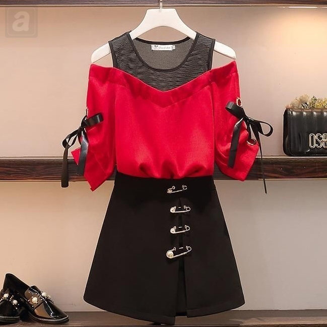 紅色/上衣+黑色/半身裙