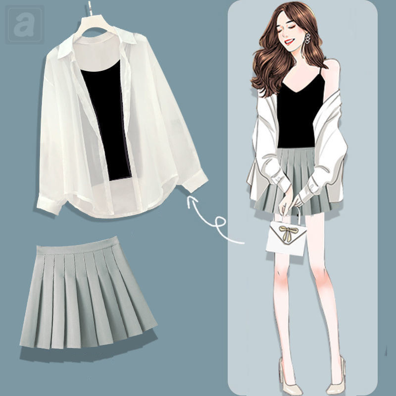 白色/襯衫+黑色/吊帶+灰色/半身裙