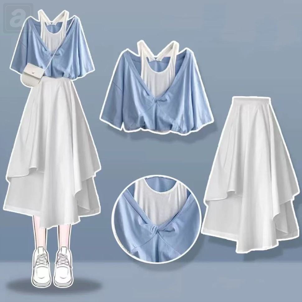 藍色/T恤+白色/半身裙類