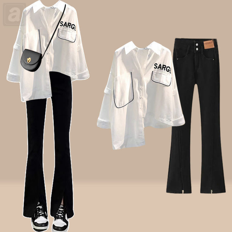 白色/襯衫+黑色/牛仔褲