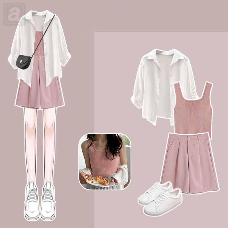 白色襯衫+粉色吊帶/兩件套