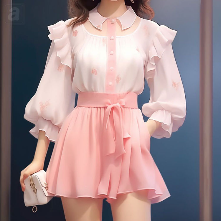 白色/襯衫+粉色/半身裙