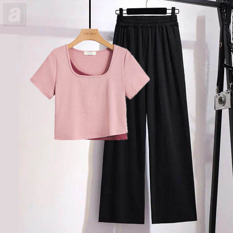 粉色/T恤+黑色/寬褲 套裝