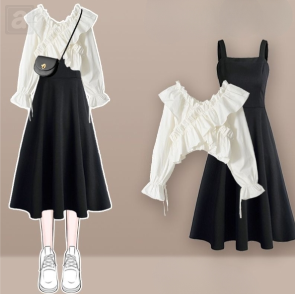 白色襯衫+黑色連衣裙1