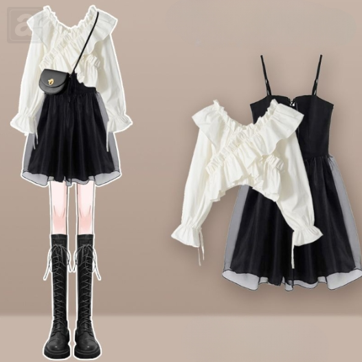 白色襯衫+黑色連衣裙2