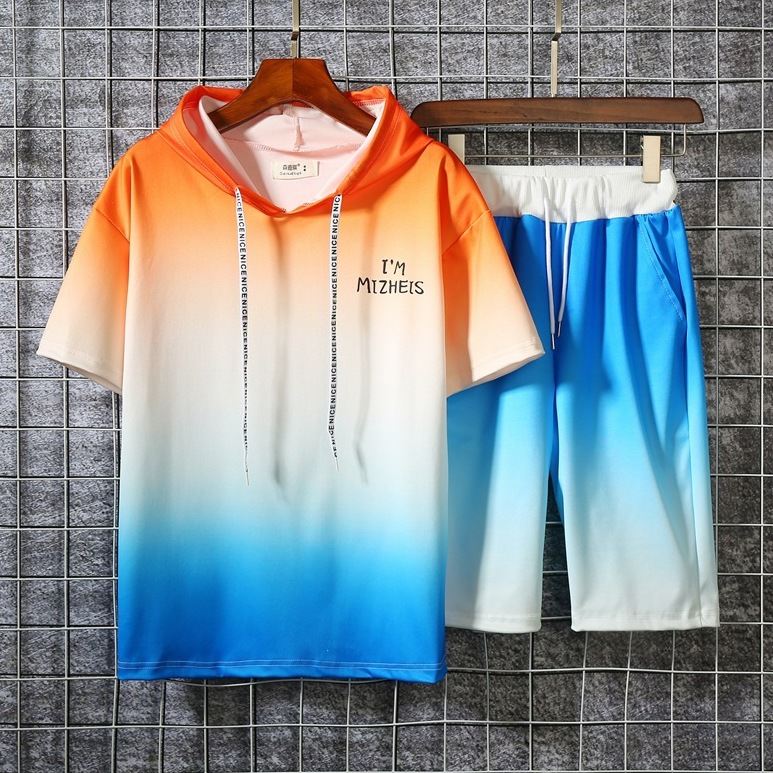 橙蓝漸變/T恤+淡藍色/短褲/套裝