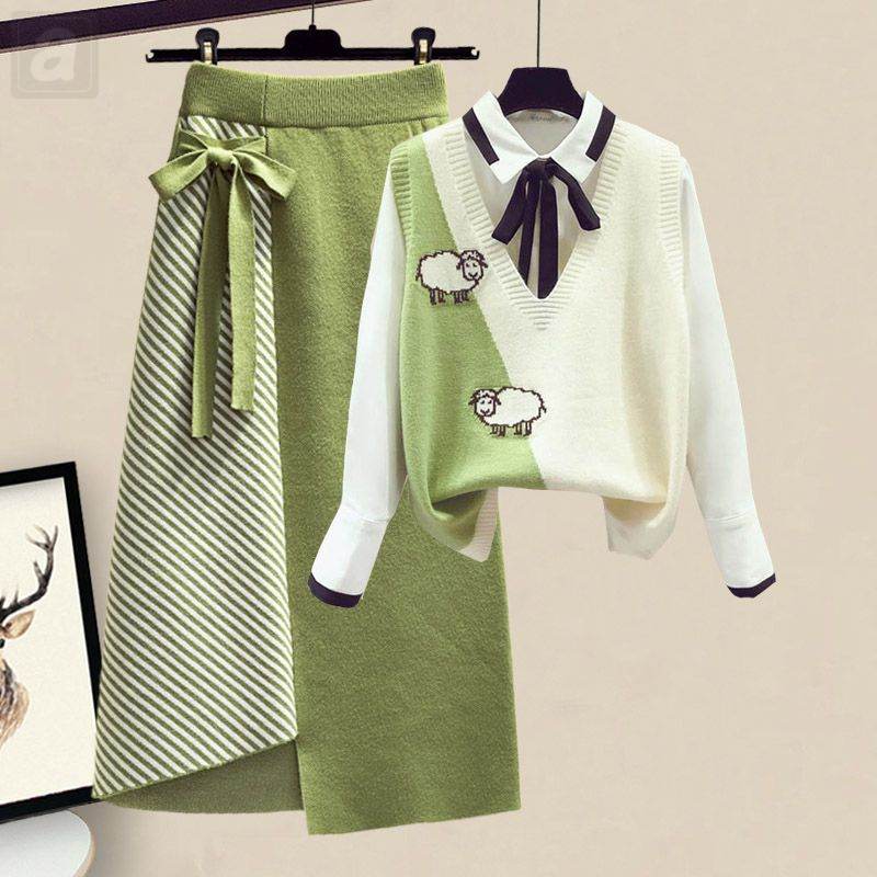 绿色/馬甲+白色/襯衫+綠色/半身裙類