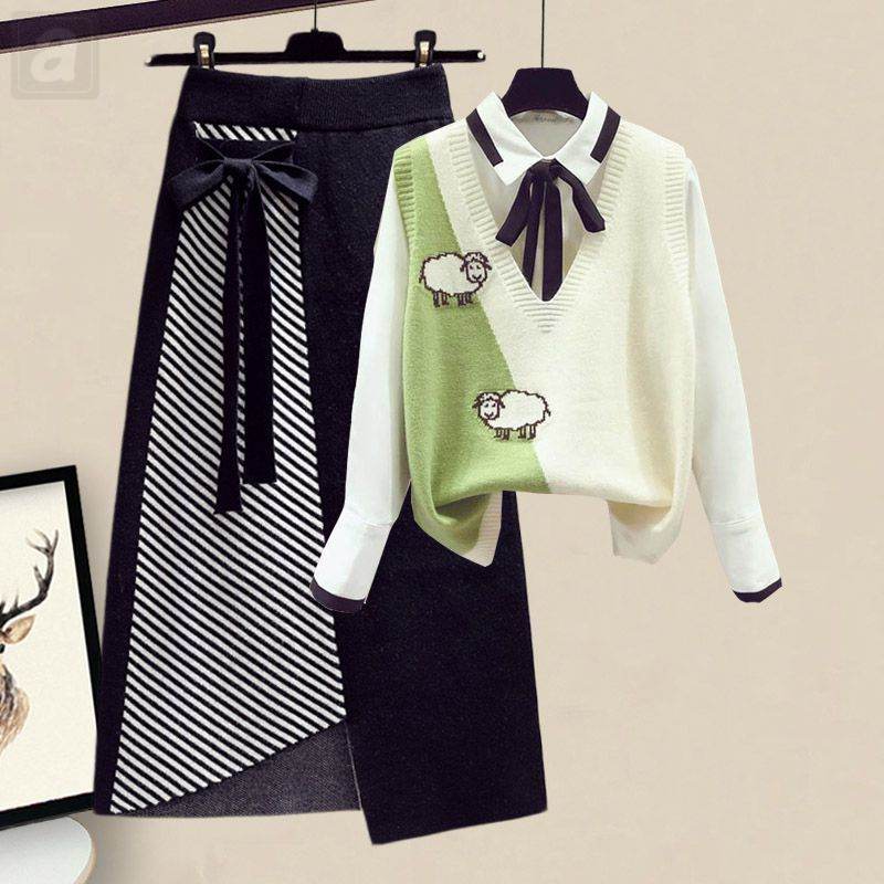 绿色/馬甲+白色/襯衫+黑色/半身裙類