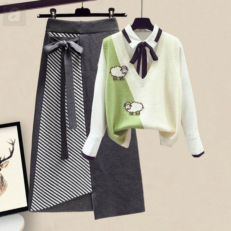 绿色/馬甲+白色/襯衫+灰色/半身裙類