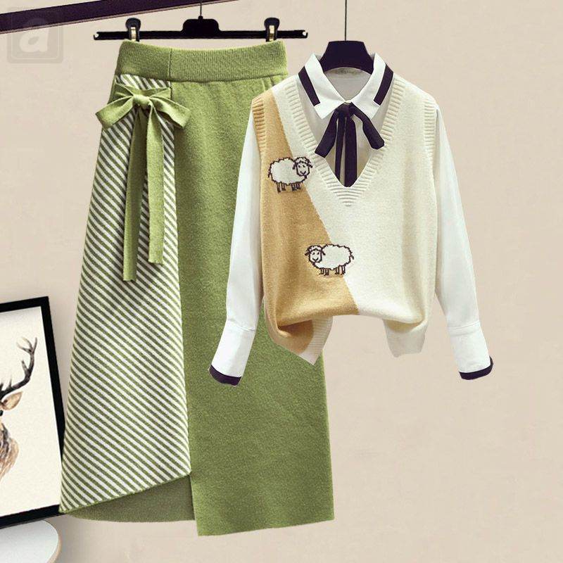 黃色/馬甲+白色/襯衫+綠色/半身裙類