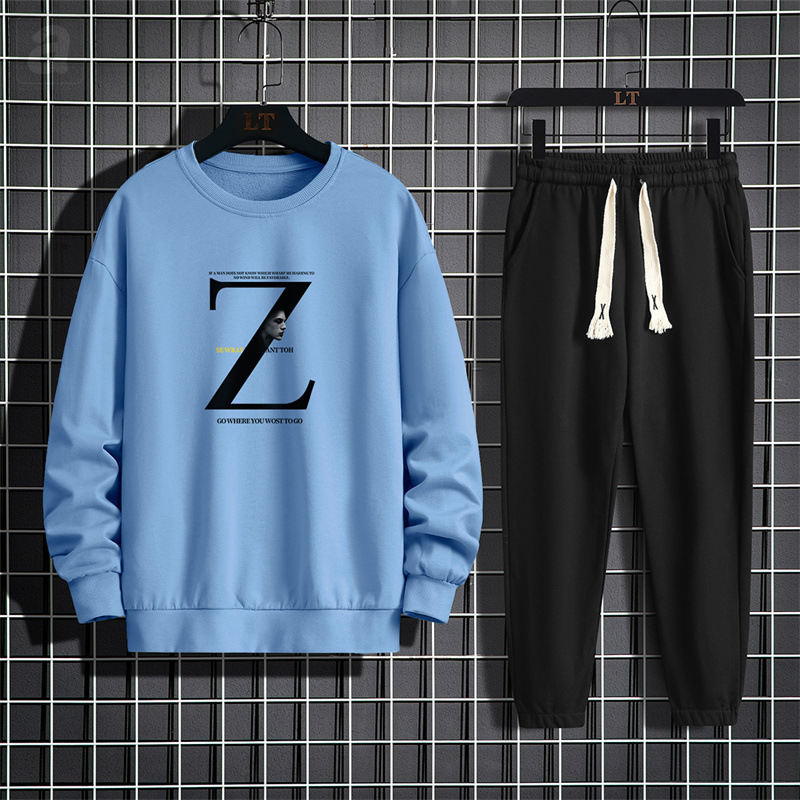 藍色/衛衣+黑色/休閒褲/兩件套