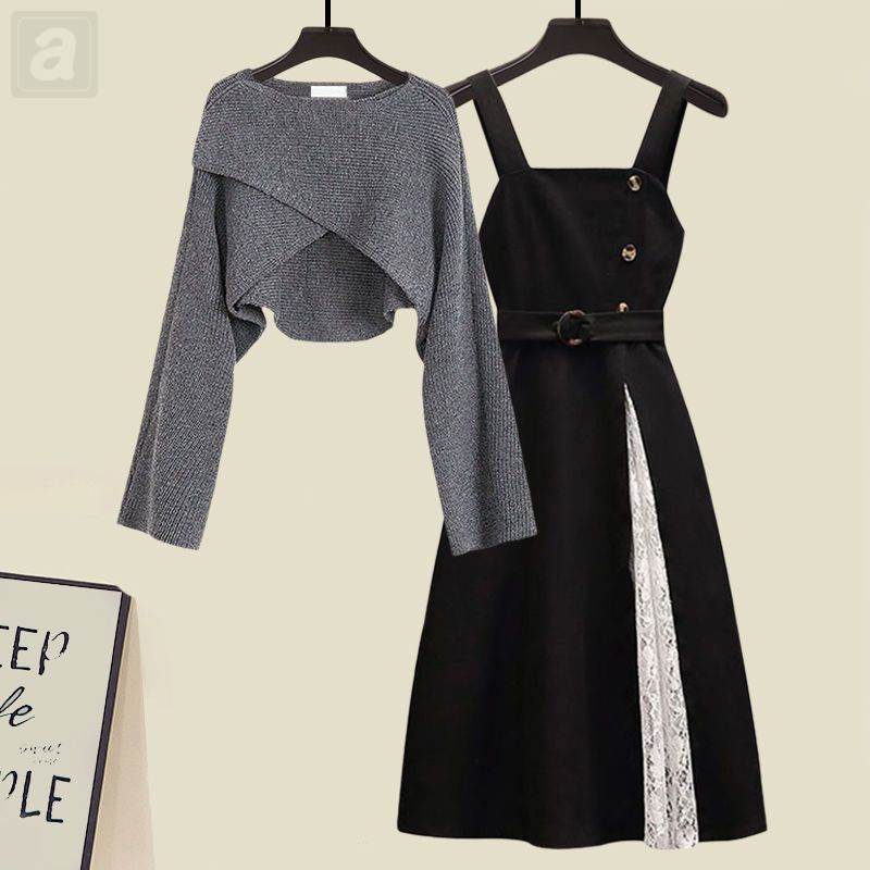 灰色/針織+黑色/洋裝